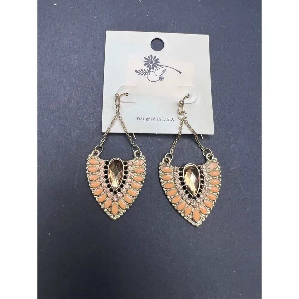 New! Gold Tone Chandelier Fan Shape Peach Apricot Rhinestone Drop Earrings